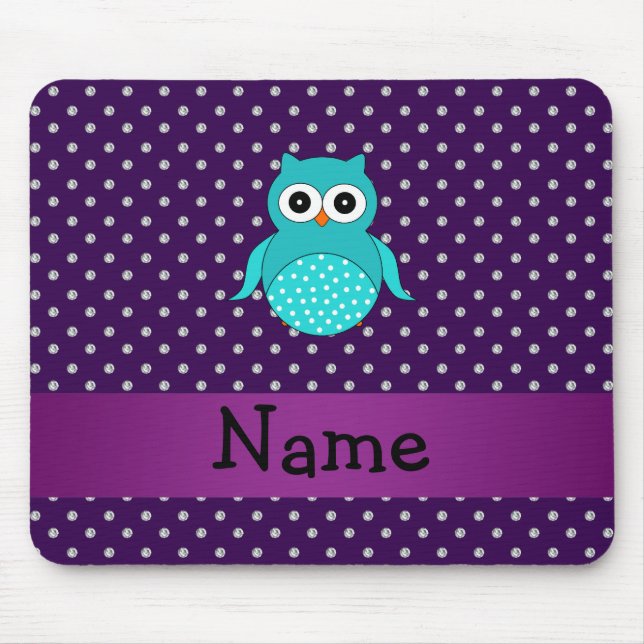 Personalised name turquoise owl purple diamonds mouse pad (Front)