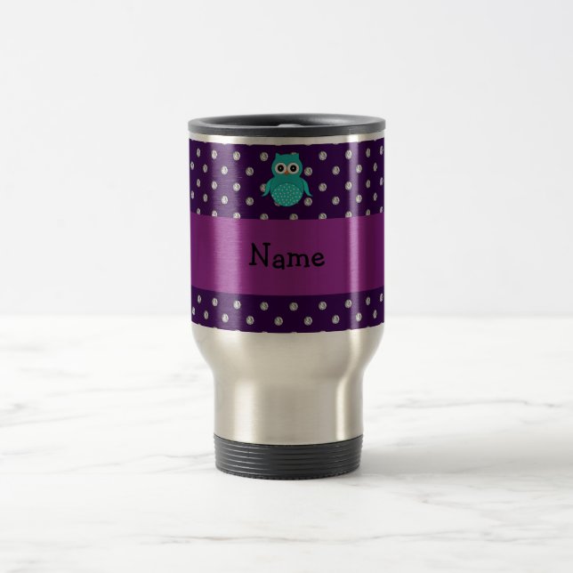 Personalised name turquoise owl purple diamonds travel mug (Center)