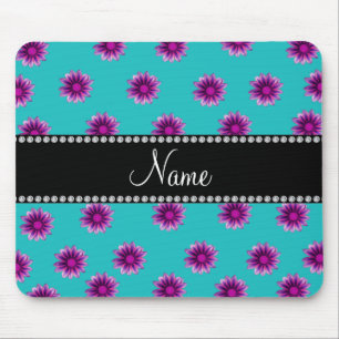 Personalised name turquoise purple pink flowers mouse pad