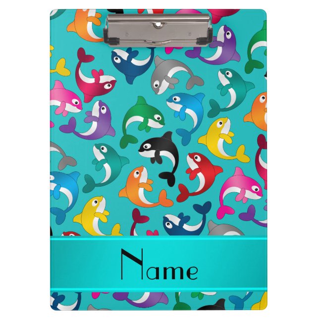 Personalised name turquoise rainbow killer whales clipboard (Front)