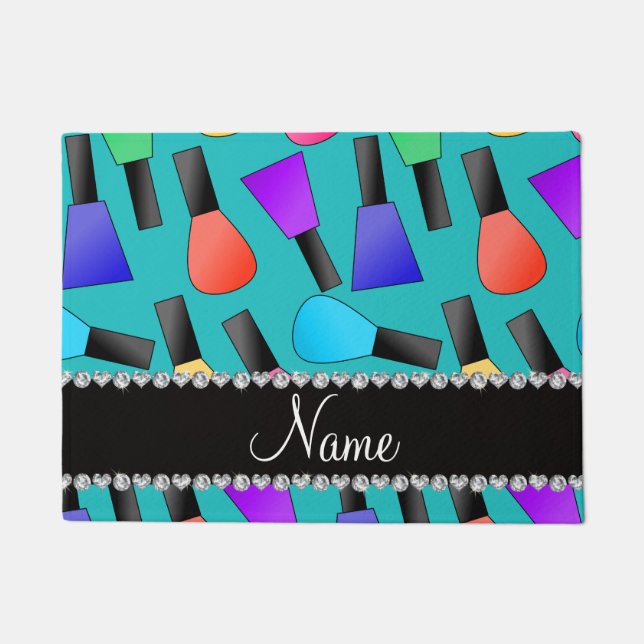 Personalised name turquoise rainbow nail polish doormat (Front)