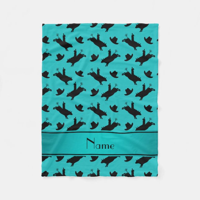 Personalised name turquoise rodeo bull riding fleece blanket (Front)