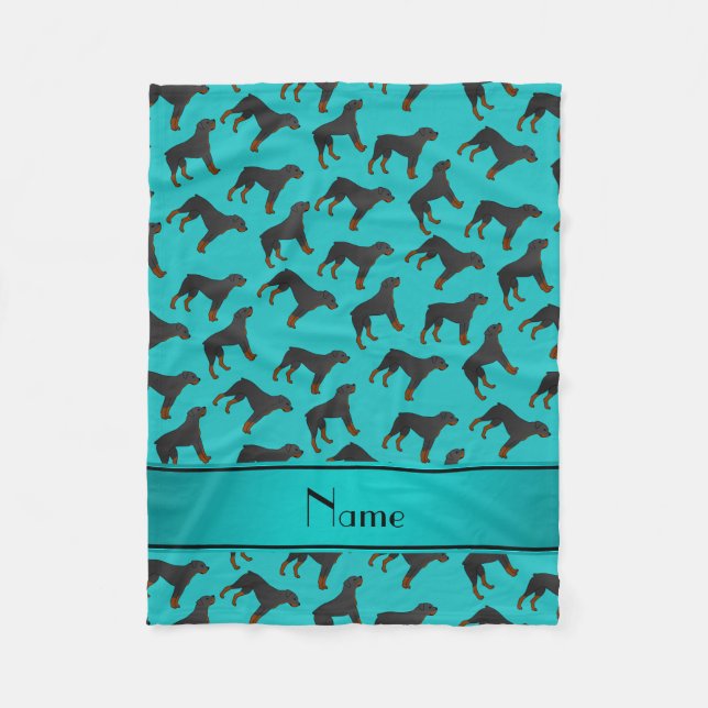 Personalised name turquoise rottweiler dog pattern fleece blanket (Front)