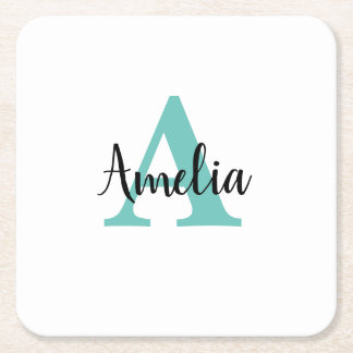 Personalised Name Turquoise Script Monogram Square Paper Coaster