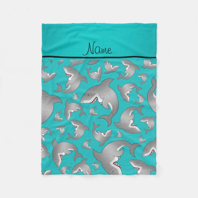 Personalised name turquoise shark pattern fleece blanket (Front)