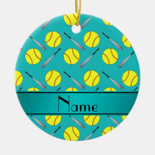 Personalised name turquoise softball pattern ceramic tree decoration