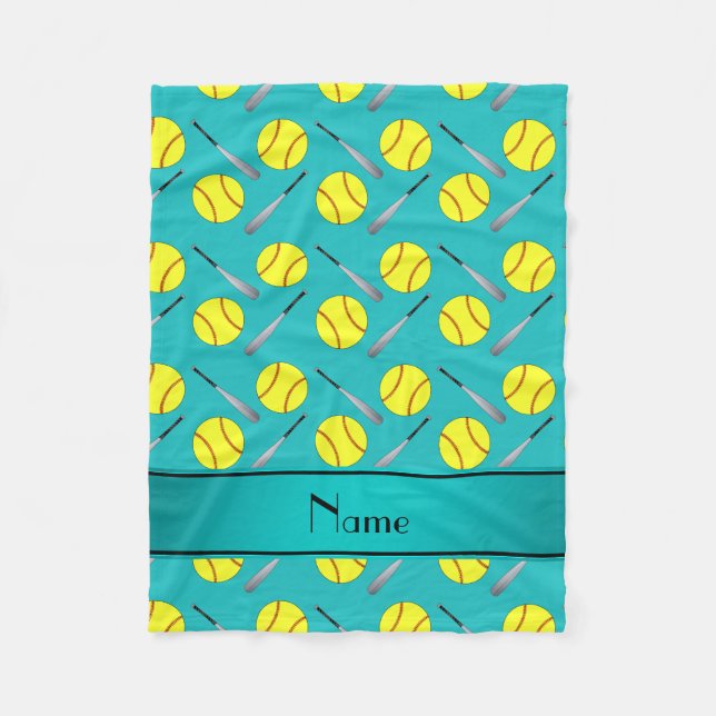 Personalised name turquoise softball pattern fleece blanket (Front)