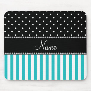 Personalised name turquoise stripes black dots mouse pad