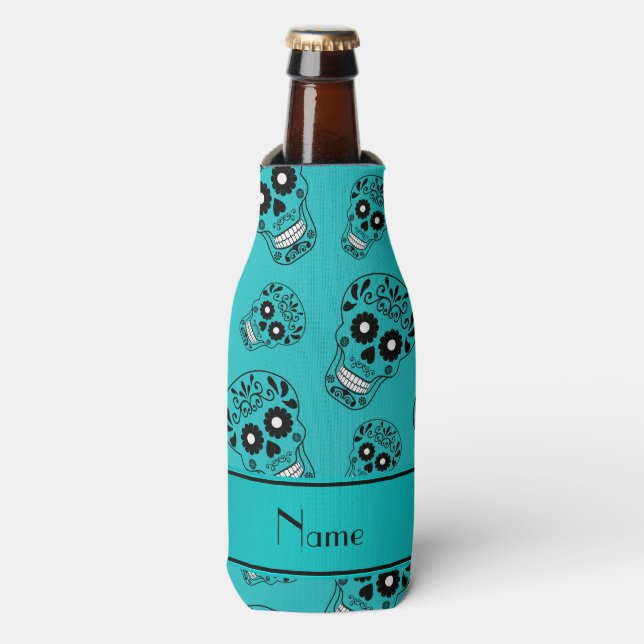 Personalised name turquoise sugar skulls bottle cooler (Bottle Front)