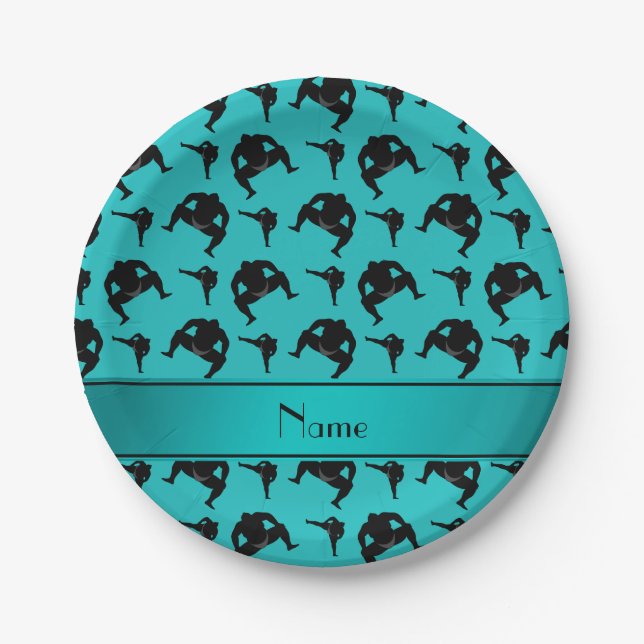 Personalised name turquoise sumo wrestling paper plate (Front)