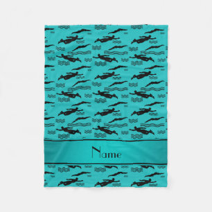 Personalised name turquoise swimming pattern fleece blanket