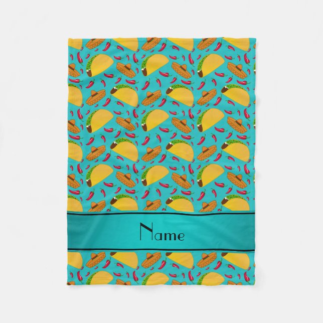Personalised name turquoise tacos sombreros chilis fleece blanket (Front)