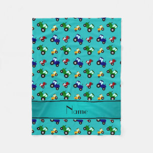 Personalised name turquoise tractors fleece blanket
