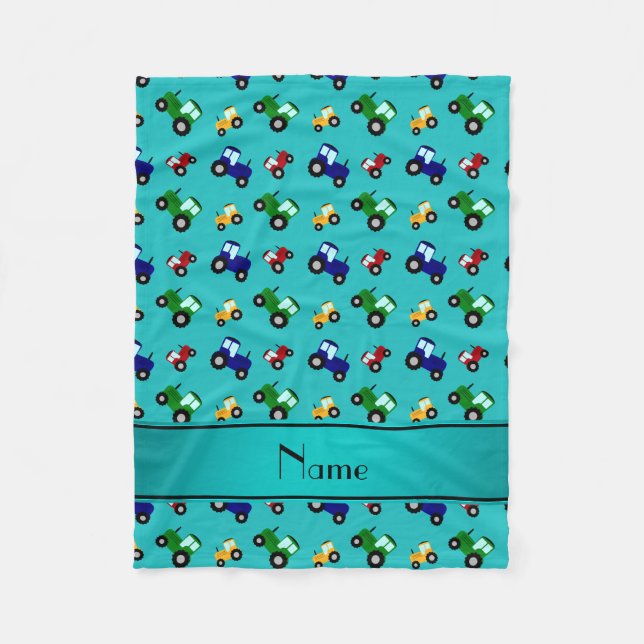 Personalised name turquoise tractors fleece blanket (Front)