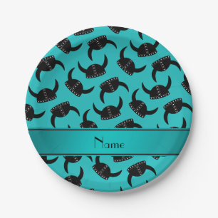 Personalised name turquoise viking hat pattern paper plate