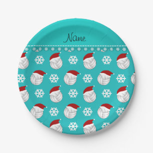 Personalised name turquoise volleyballs santa hats paper plate