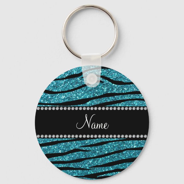 Personalised name turquoise zebra stripes key ring (Front)