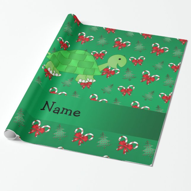 Personalised name turtle green candy canes bows wrapping paper (Unrolled)