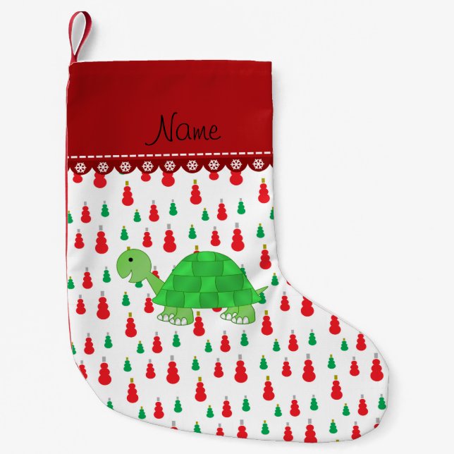 Personalised name turtle green red snowmen small christmas stocking (Front)