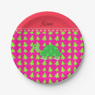 Personalised name turtle pink green christmas tree paper plate