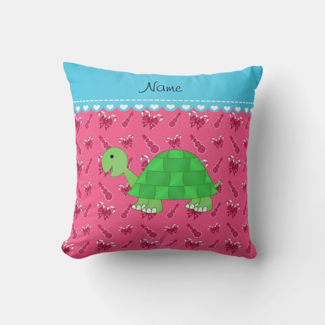 Personalised name turtle pink snowman candy canes cushion (Front)