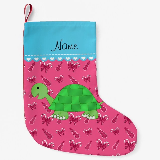 Personalised name turtle pink snowman candy canes small christmas stocking (Front)