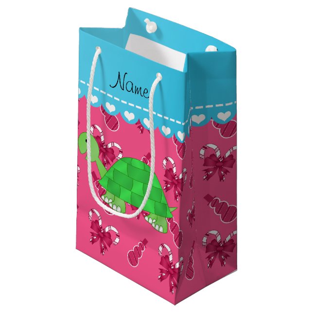 Personalised name turtle pink snowman candy canes small gift bag (Front Angled)