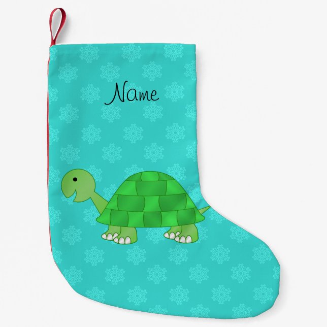 Personalised name turtle turquoise snowflakes small christmas stocking (Front)