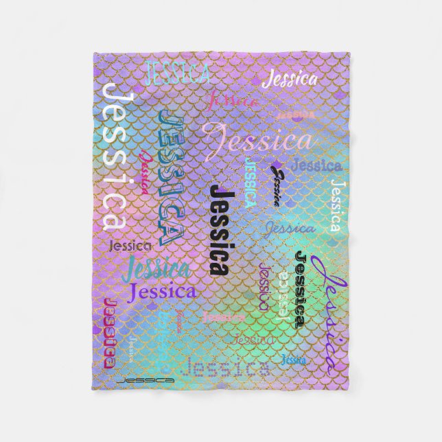 Personalised Name Typography Bright Mermaid Scales Fleece Blanket (Front)