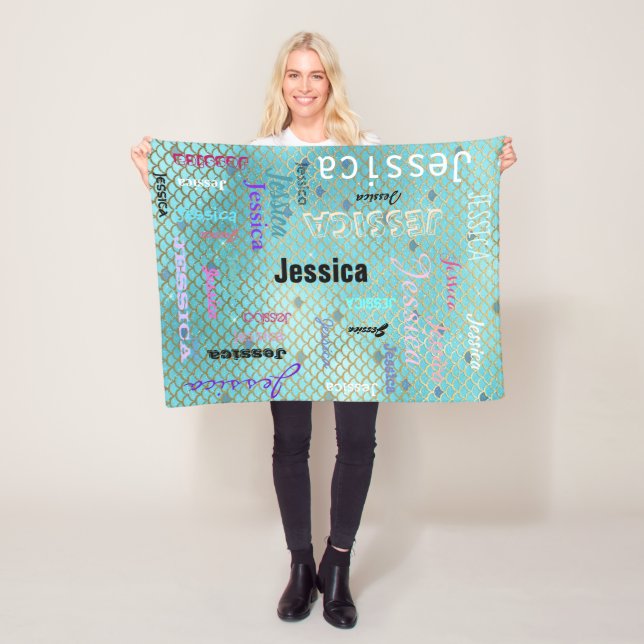 Personalised Name Typography Teal Mermaid Scales Fleece Blanket (In Situ)