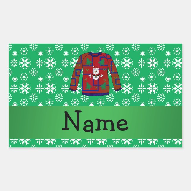 Personalised name ugly christmas sweater snowflake rectangular sticker (Front)