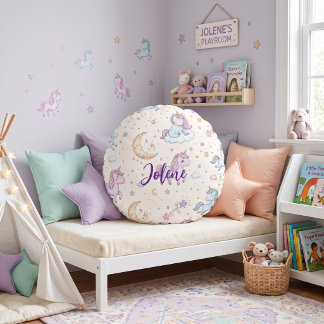 Personalised Name Unicorn Bedroom Decor Round Cushion