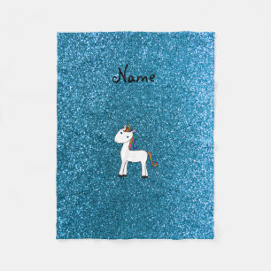 Personalised name unicorn blue glitter fleece blanket