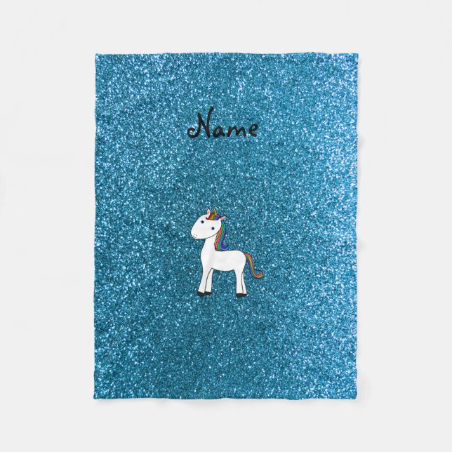 Personalised name unicorn blue glitter fleece blanket (Front)