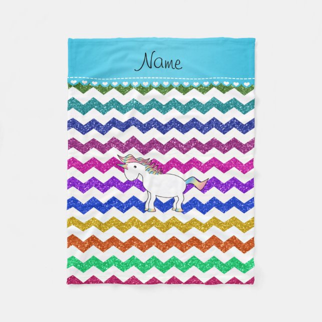 Personalised name unicorn glitter rainbow chevrons fleece blanket (Front)