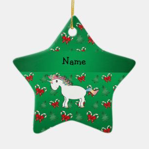 Personalised name unicorn green candy canes bows ceramic tree decoration