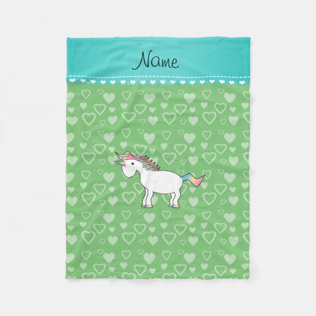 Personalised name unicorn green hearts fleece blanket (Front)