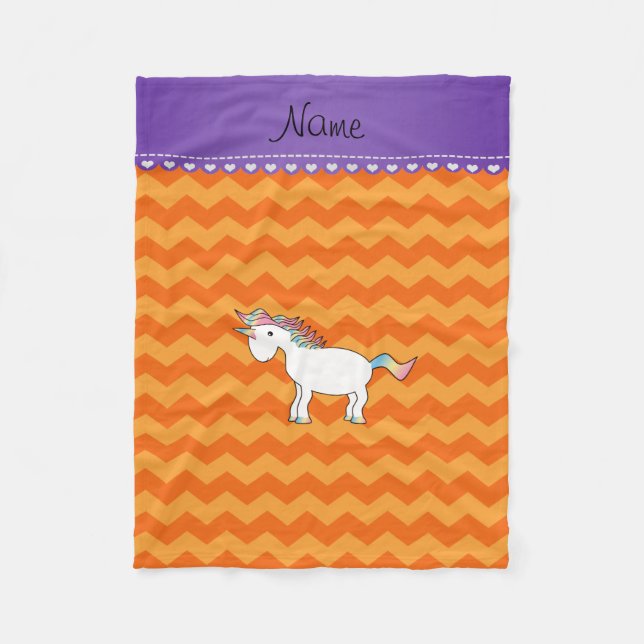 Personalised name unicorn orange chevrons fleece blanket (Front)