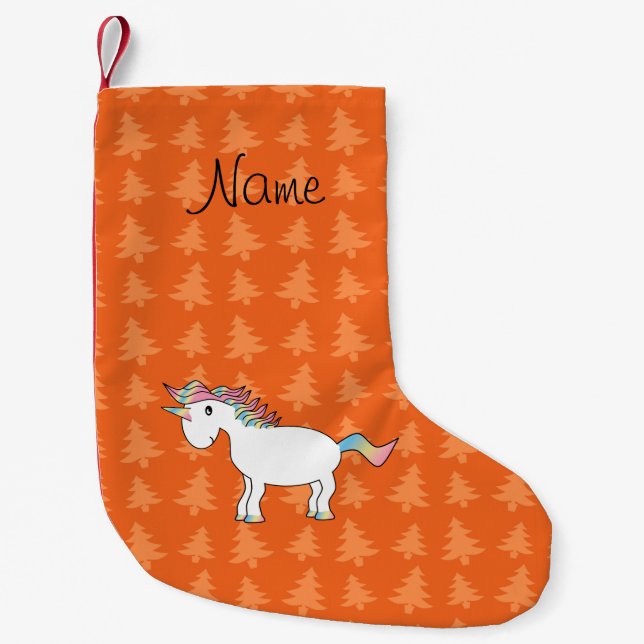 Personalised name unicorn orange trees small christmas stocking (Front)