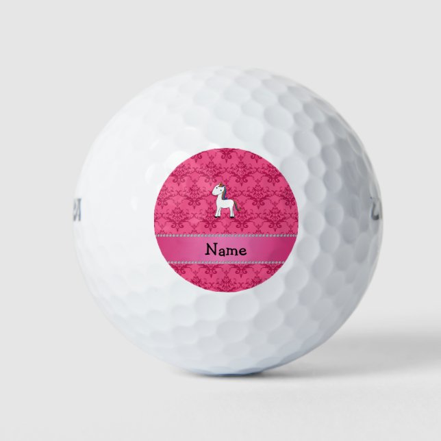 Personalised name unicorn pink damask golf balls (Front)
