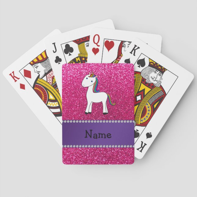 Personalised name unicorn pink glitter playing cards (Back)