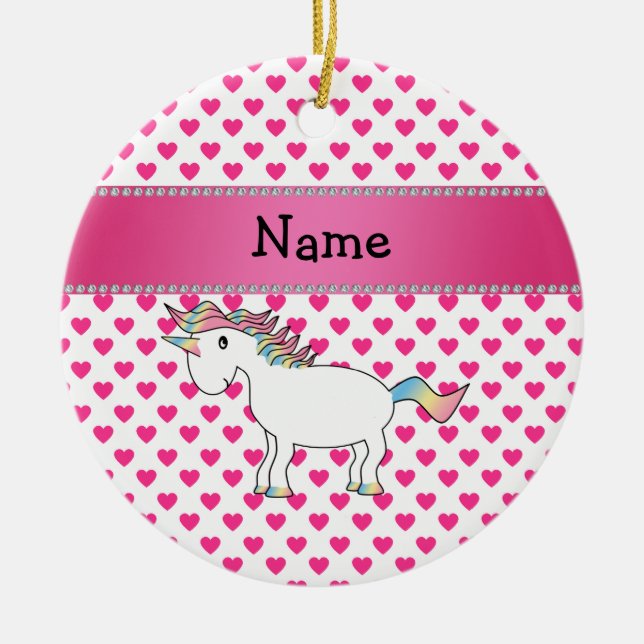 Personalised name unicorn pink hearts ceramic tree decoration (Front)