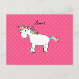 Personalised name unicorn pink polka dots postcard