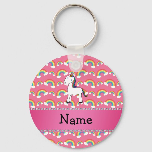 Personalised name unicorn pink rainbows key ring (Front)