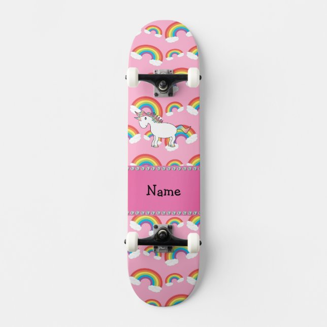 Personalised name unicorn pink rainbows skateboard (Front)