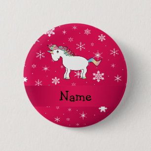 Personalised name unicorn pink snowflakes 6 cm round badge