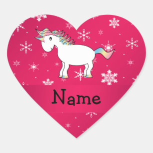 Personalised name unicorn pink snowflakes heart sticker