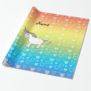 Personalised name unicorn rainbow hearts wrapping paper