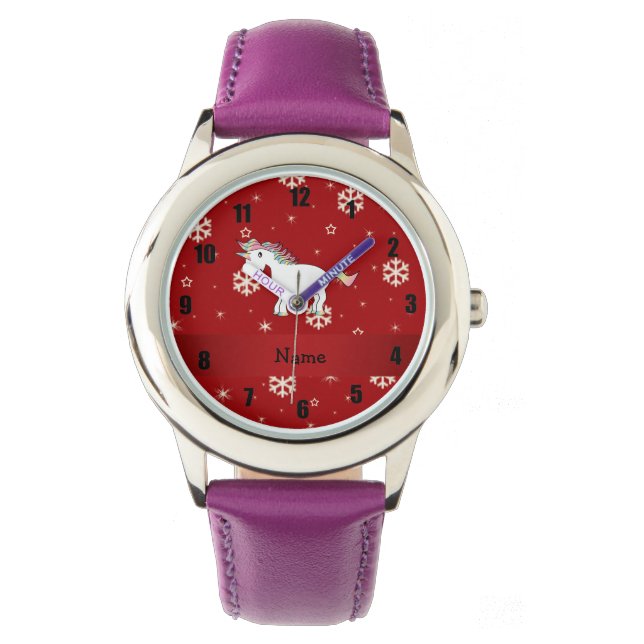 Personalised name unicorn red snowflakes watch (Front)