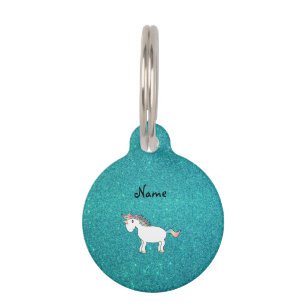 Personalised name unicorn turquoise glitter pet tag